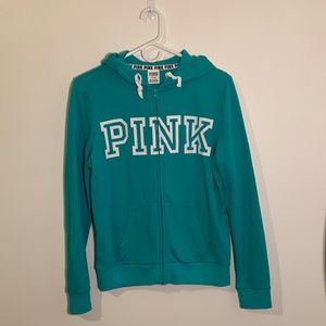 PINK teal zip up logo hoodie